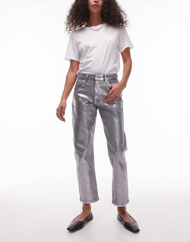 Topshop silver foil cropped mid rise straight jeans in gray TOPSHOP