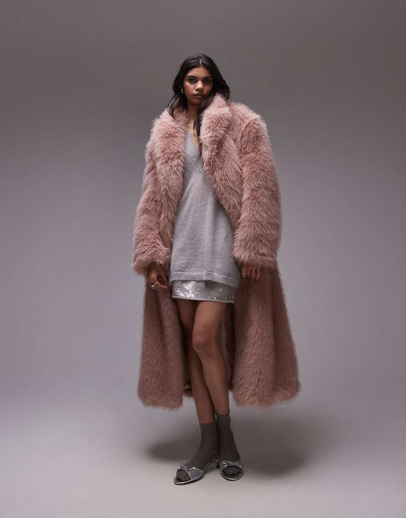 Topshop faux fur long coat in pink TOPSHOP