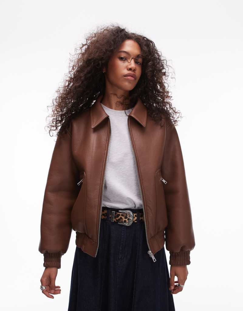 Topshop faux leather shearling bomber jacket in tan TOPSHOP