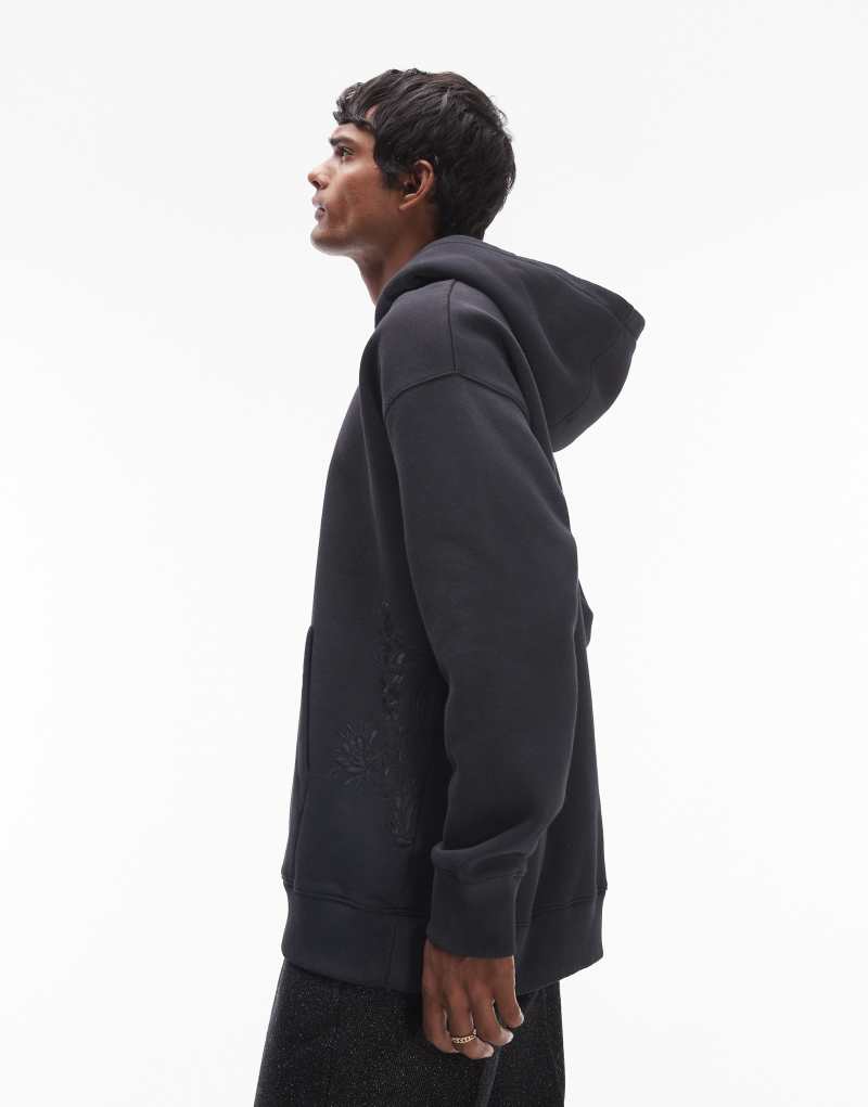 Topman oversized fit hoodie with floral embroidery in washed black TOPMAN