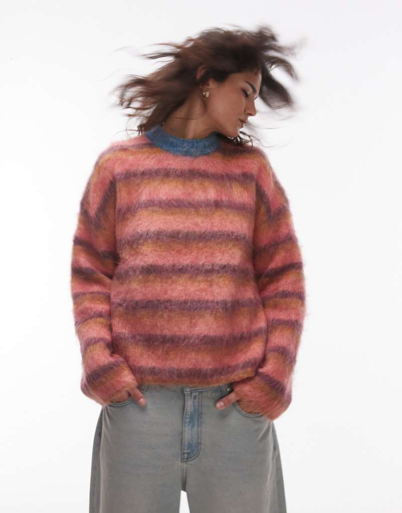 Topshop knitted ultra fluffy relaxed sweater in pink ochre and purple stripe TOPSHOP