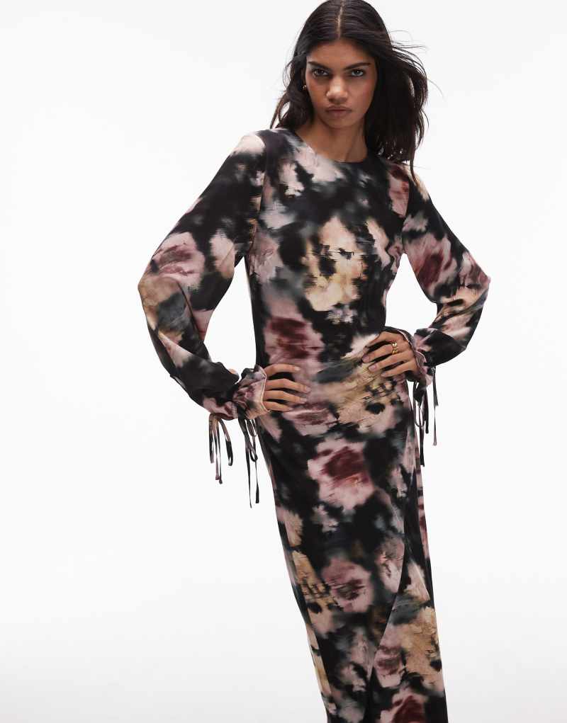 Topshop balloon tie sleeve maxi dress in black based floral TOPSHOP