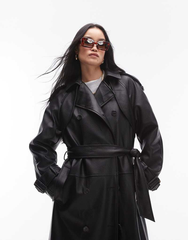 Topshop textured faux leather trench coat in black TOPSHOP