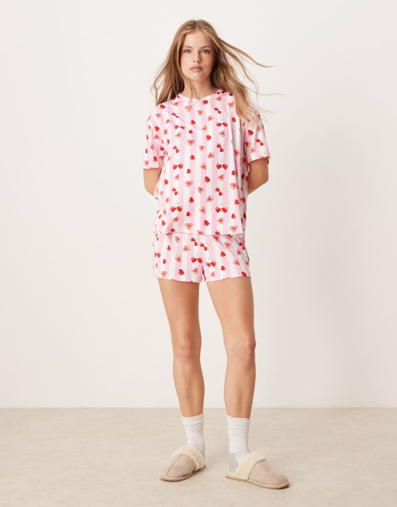 Urban Threads poly short sleeve T-shirt and short pajama set in love heart berry stripe print Urban Threads