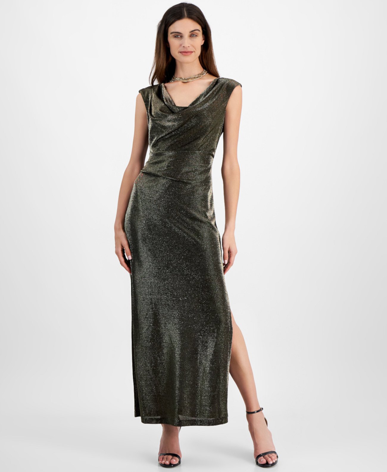 Женское Платье Connected Petite Cowlneck Metallic-Threaded Evening Gown Connected