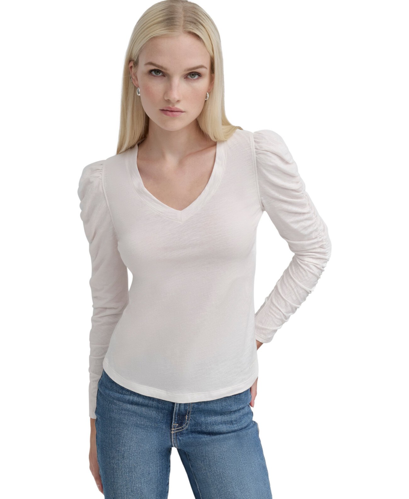 Женская Футболка DKNY Petite Ruched Puffed Long-Sleeve Top DKNY