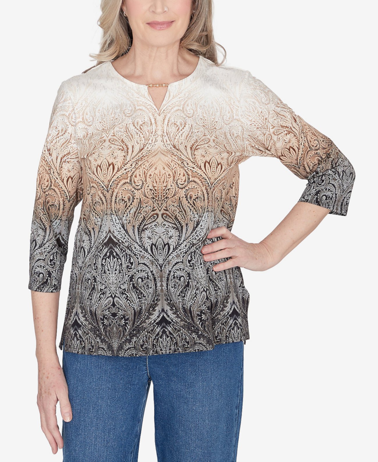 Женская Футболка Alfred Dunner Petite Classics Ombre Beaded Keyhole Neck Top Alfred Dunner