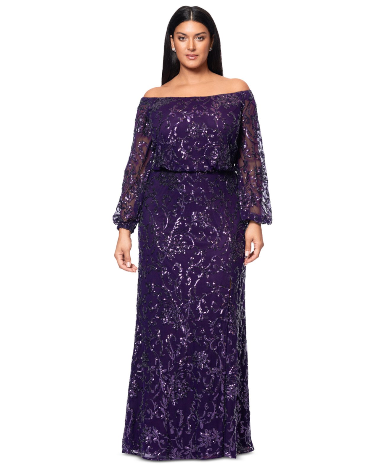 Женское Платье XSCAPE Plus Size Sequins Off-The-Shoulder Side-Slit Gown XSCAPE