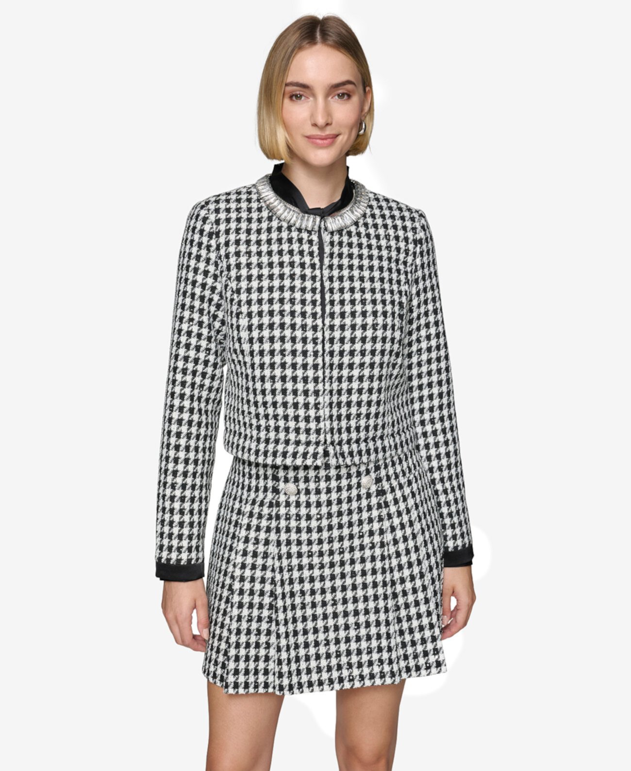 Women's Convertible Rhinestone-Collar Houndstooth Jacket Karl Lagerfeld Paris