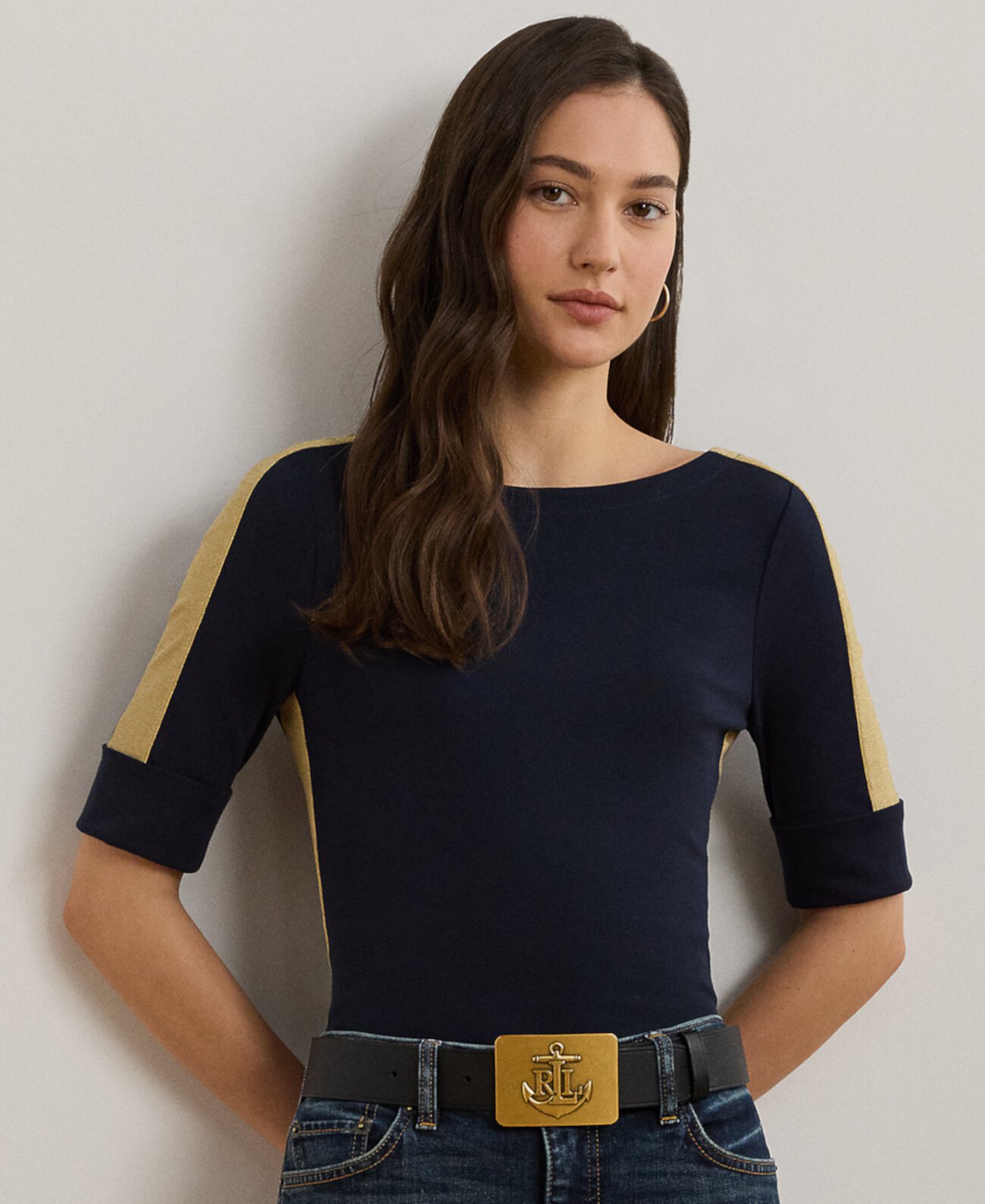 Женская Футболка LAUREN Ralph Lauren Petite Two-Tone Elbow-Sleeve Tee LAUREN Ralph Lauren