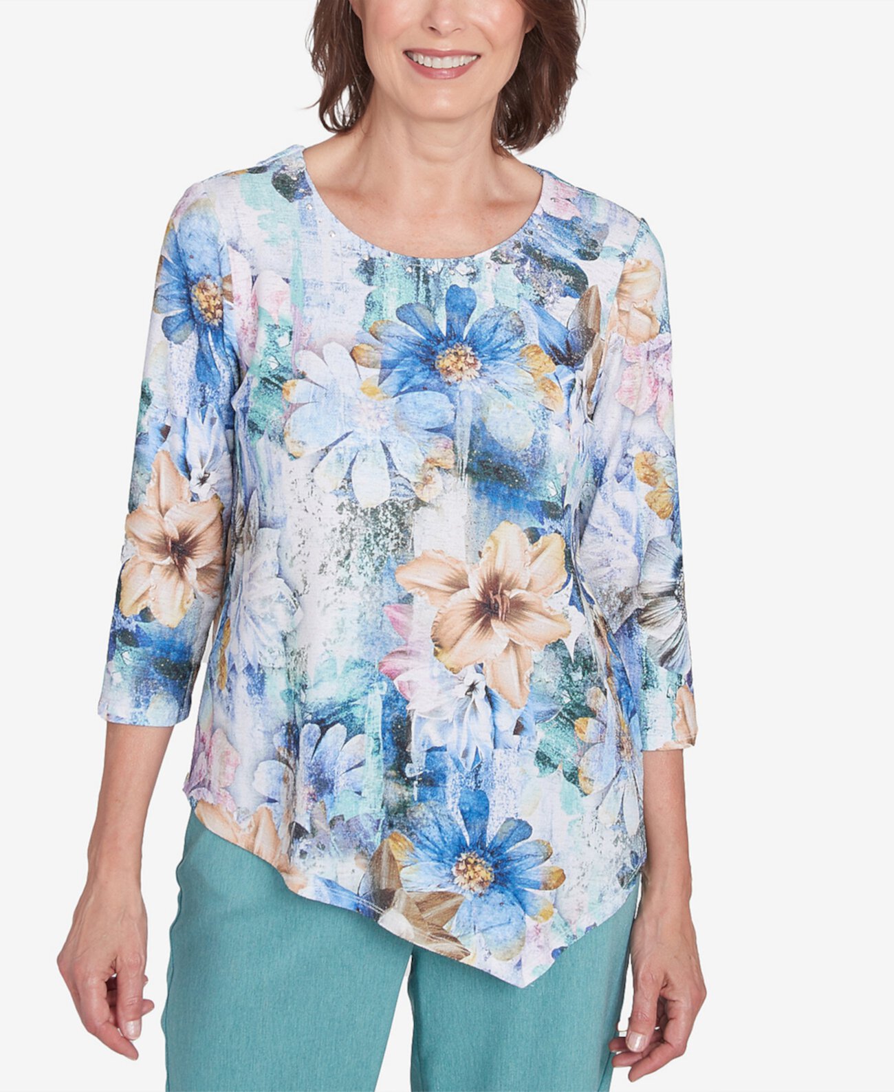 Женская Футболка Alfred Dunner Lake Victoria Watercolor Floral Asymmetric Hem Alfred Dunner