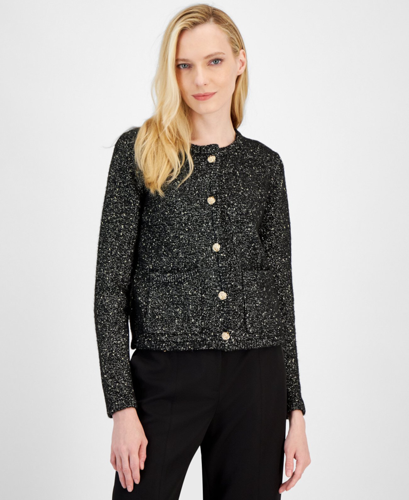 Women's Metallic Crewneck Button Cardigan T Tahari