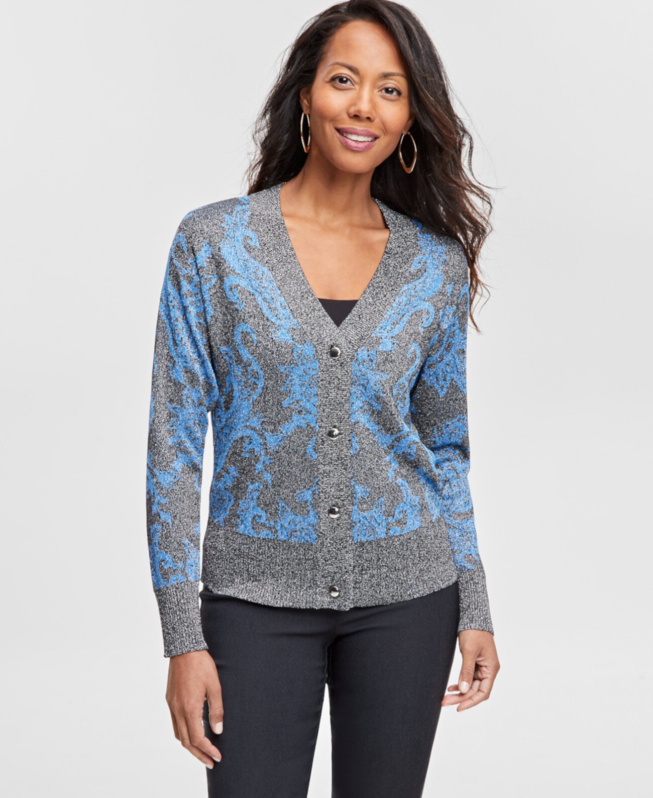 Women's Printed Jacquard V-Neck Button Cardigan, Created for Macy's J&M Collection