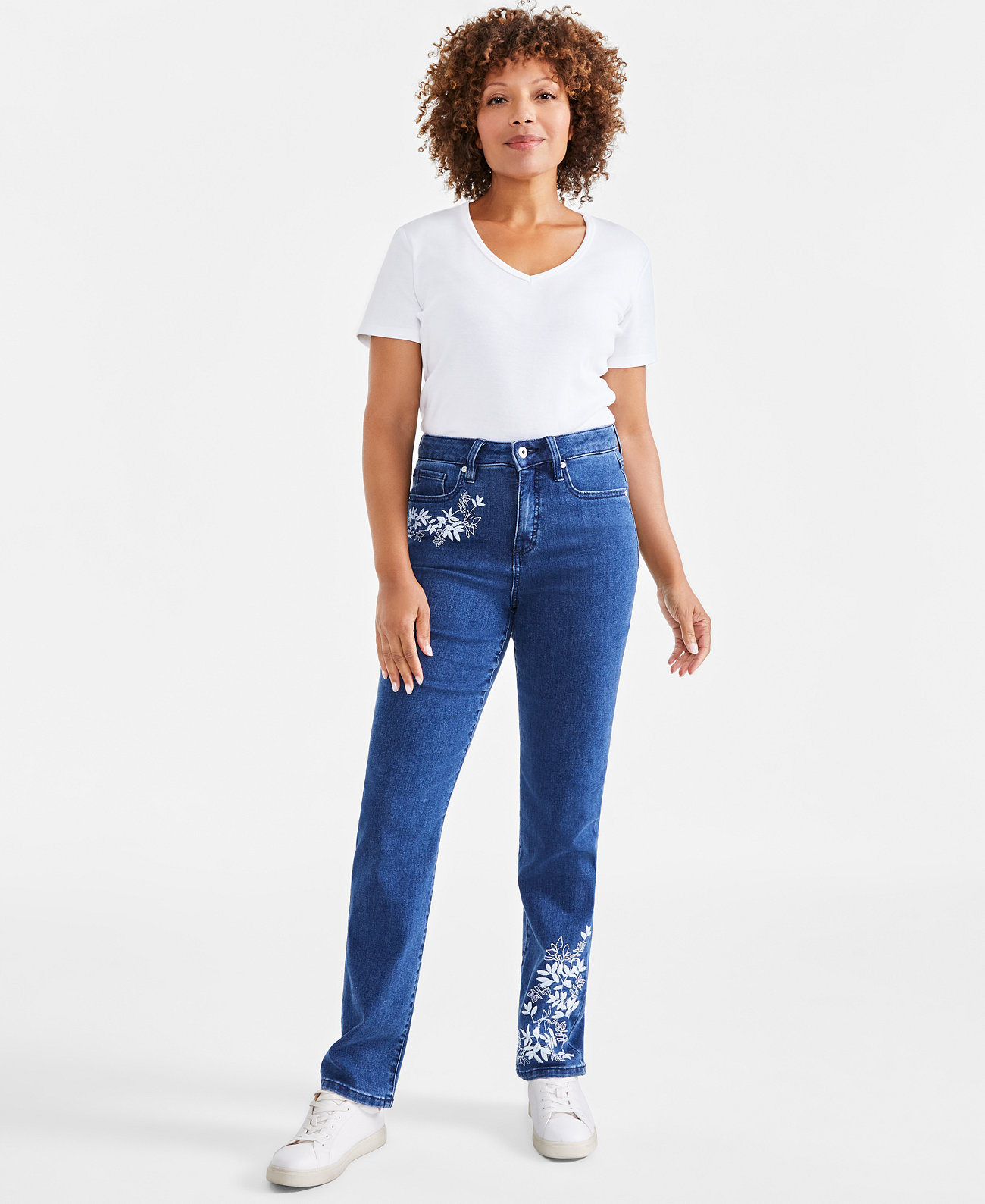 Women’s High-Rise Straight-Leg Floral-Embroidered Jeans, Exclusively at Macy's Style & Co