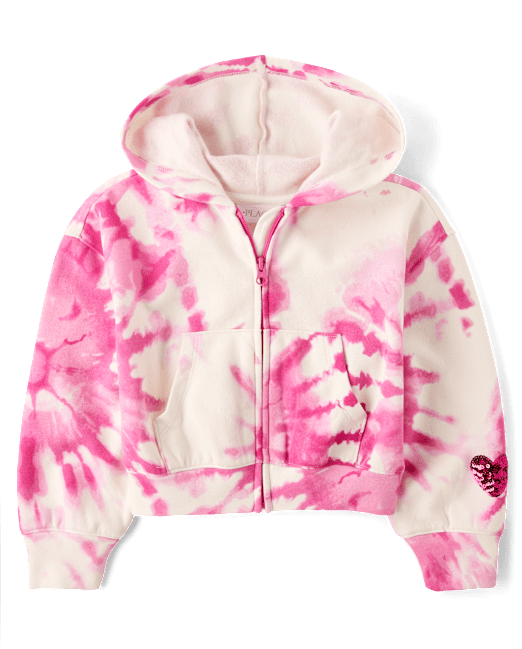 Girls Tie Dye Sequin Heart Fleece Zip Up Hoodie The Children`s Place