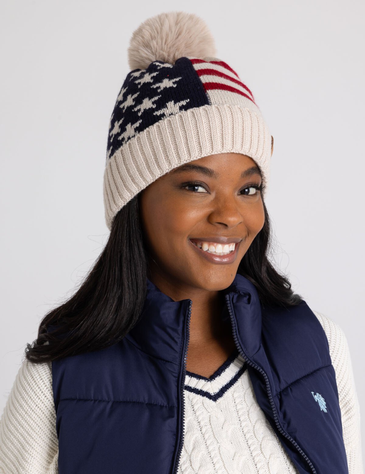 LADIES FLEECE LINED AMERICANA BEANIE WITH POM POM U.S. POLO ASSN.