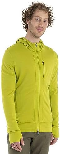 Icebreaker Merino Quantum III Zip Up Hoodie for Men, 100% Merino Wool, Long Sleeve Men’s Zip-Up Sweater with Zippered Pockets, Thumb Loops - Athletic Sweatshirt, Bio Lime/Loden/CB, Small Icebreaker