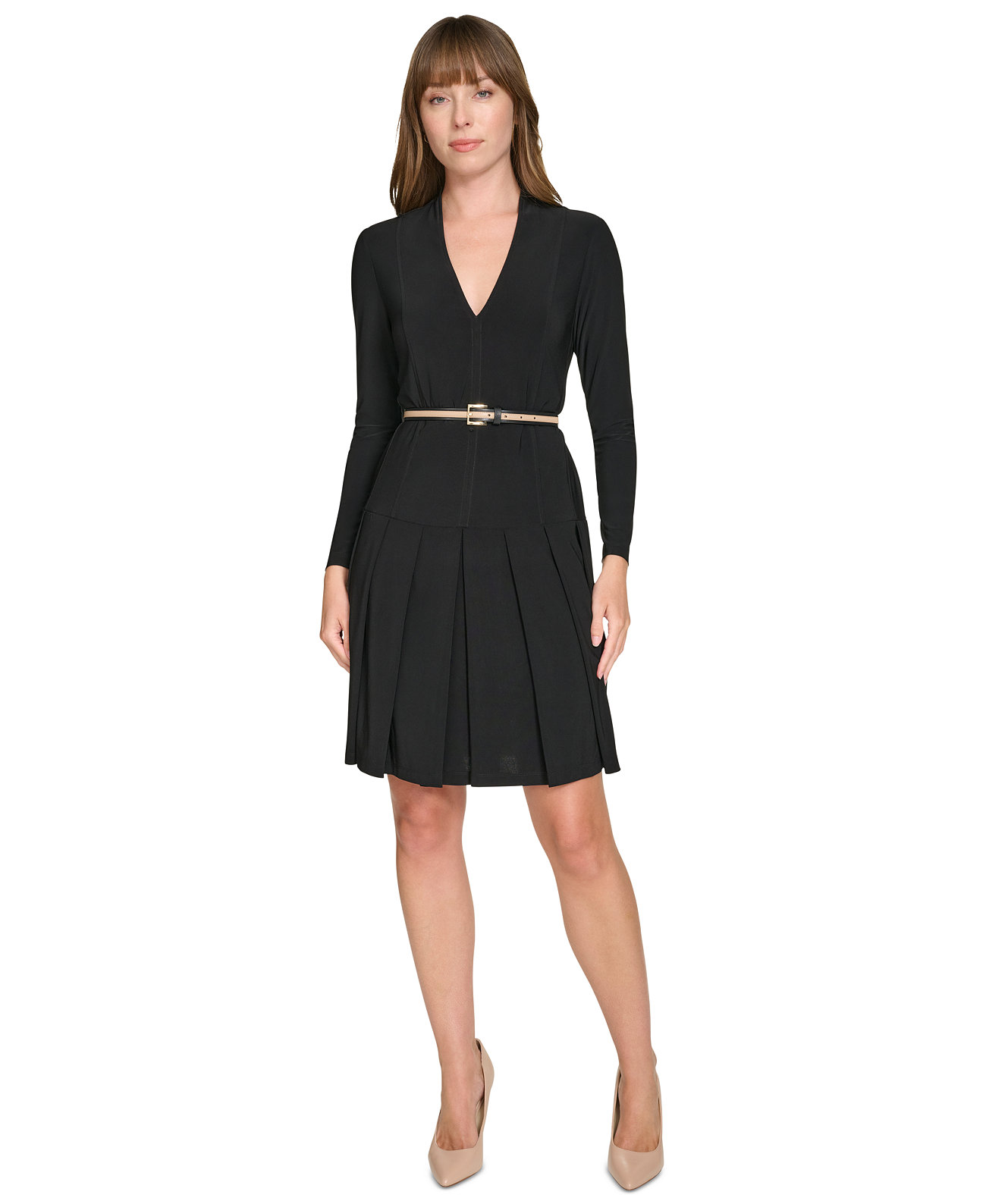 Women's Pleated Belted Fit & Flare Dress Tommy Hilfiger