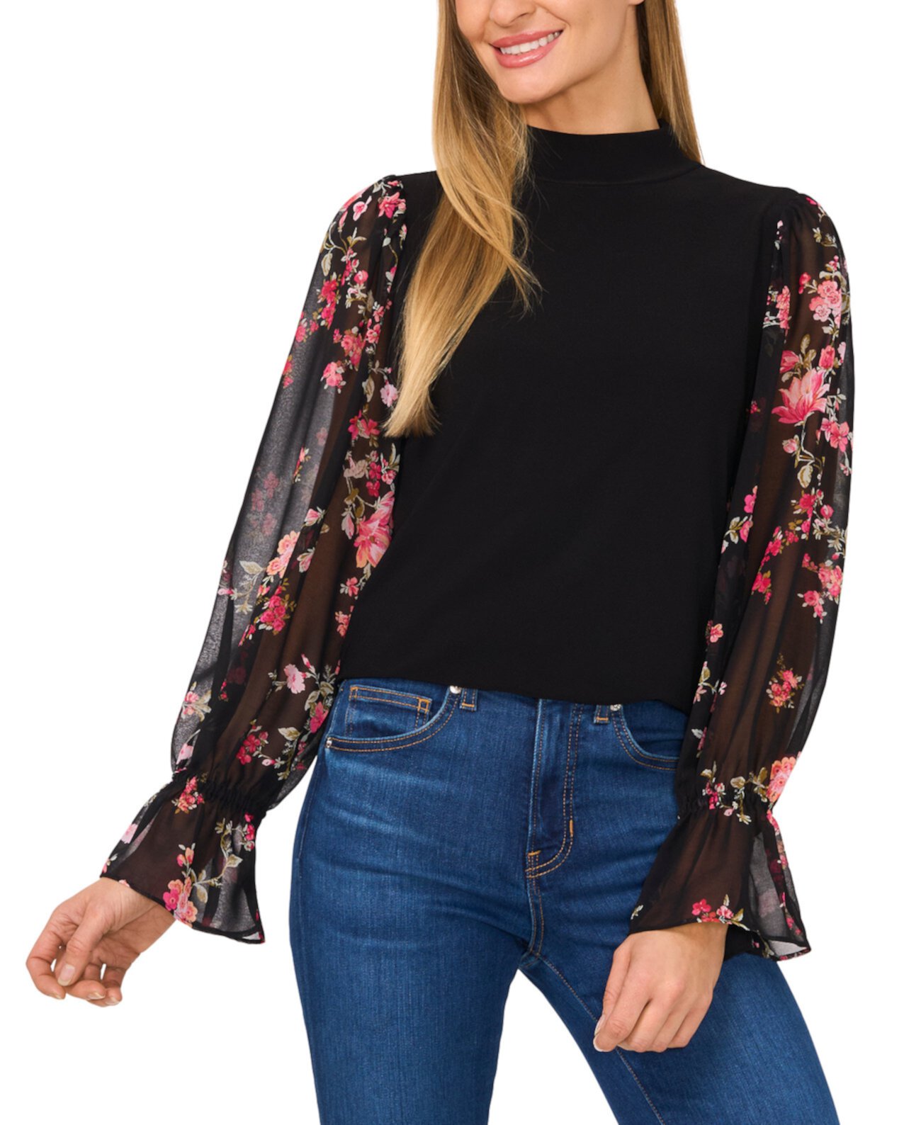 Женская Блузка CeCe Mock Neck Mixed-Media Floral Long-Sleeve Top CeCe