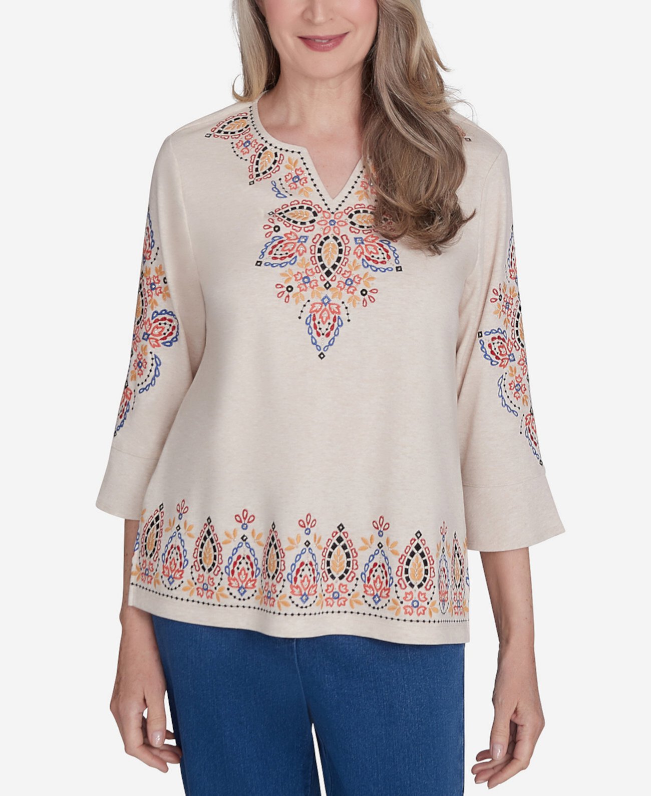 Женская Футболка Alfred Dunner Petite Harvest Moon Medallion Embroidered Flutter Sleeve Top Alfred Dunner