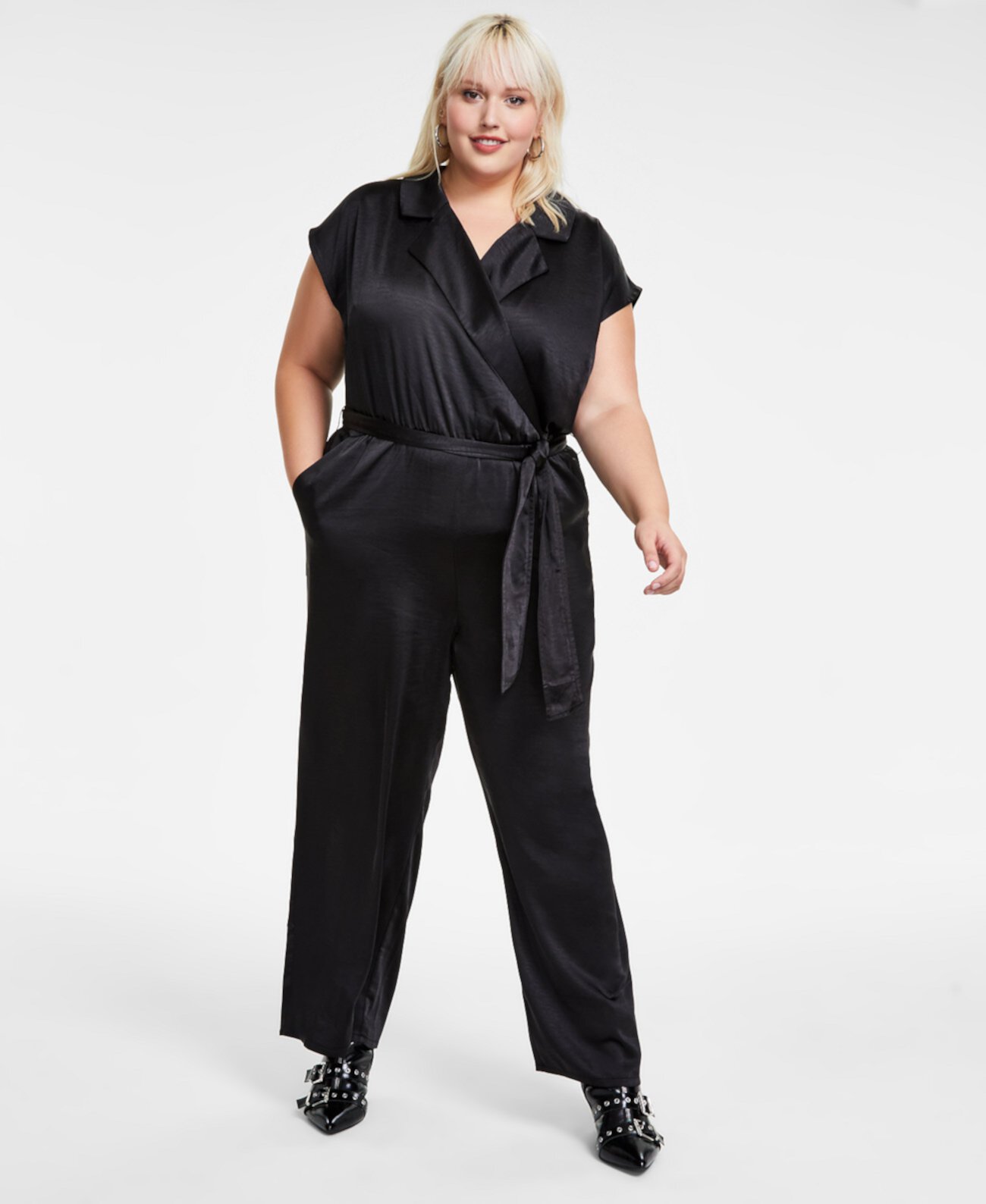 Trendy Plus Size Short-Sleeve Wrap-Front Belted Satin Jumpsuit, Created for Macy's Bar III