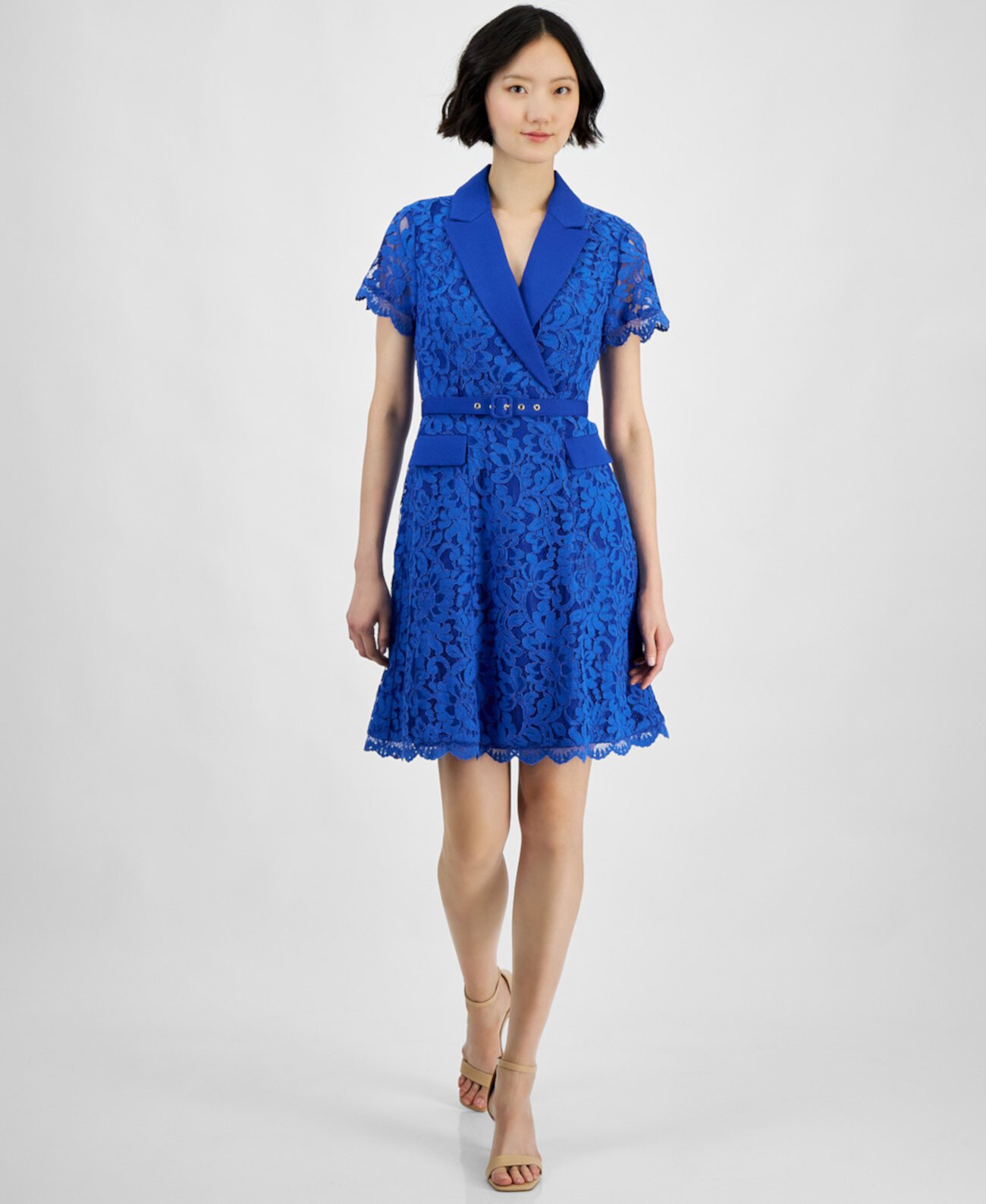 Petite Notch-Lapel Belted A-Line Lace Dress Tahari