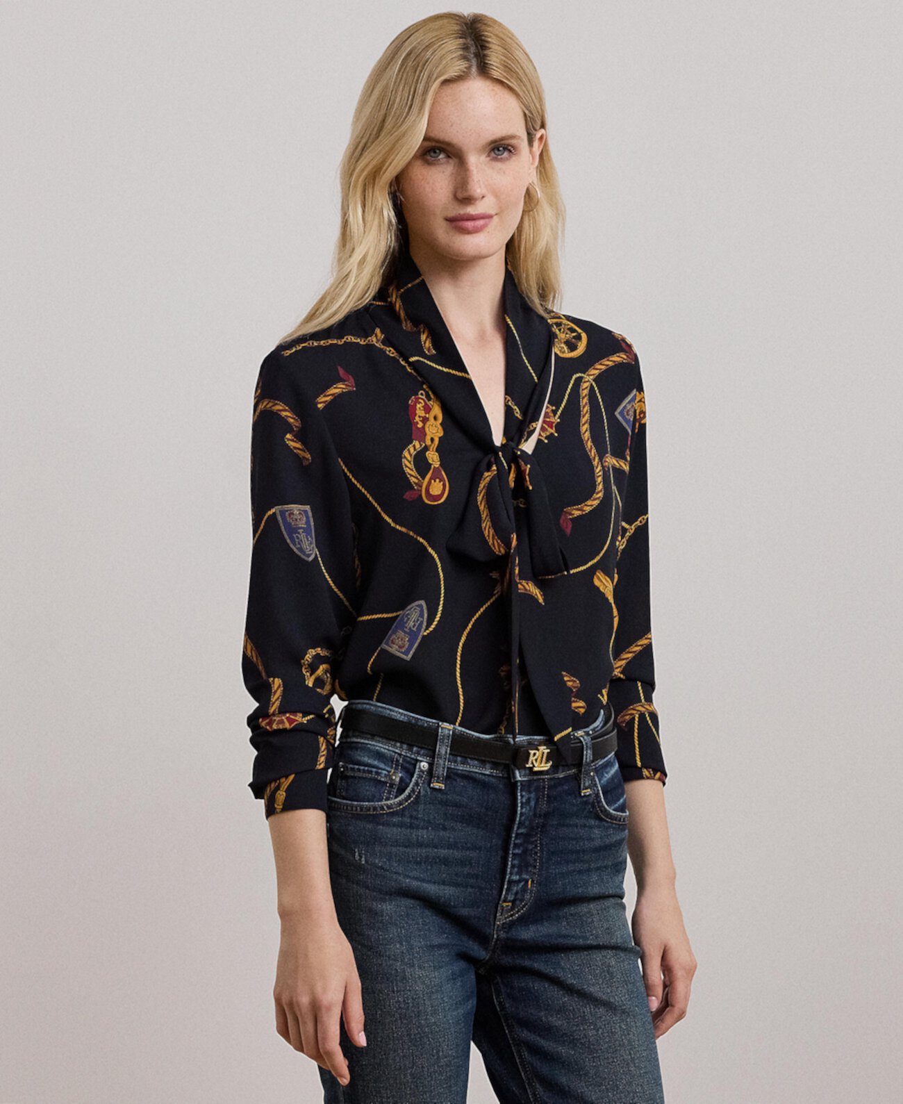 Women's Belting-Print Georgette Tie-Neck Blouse LAUREN Ralph Lauren