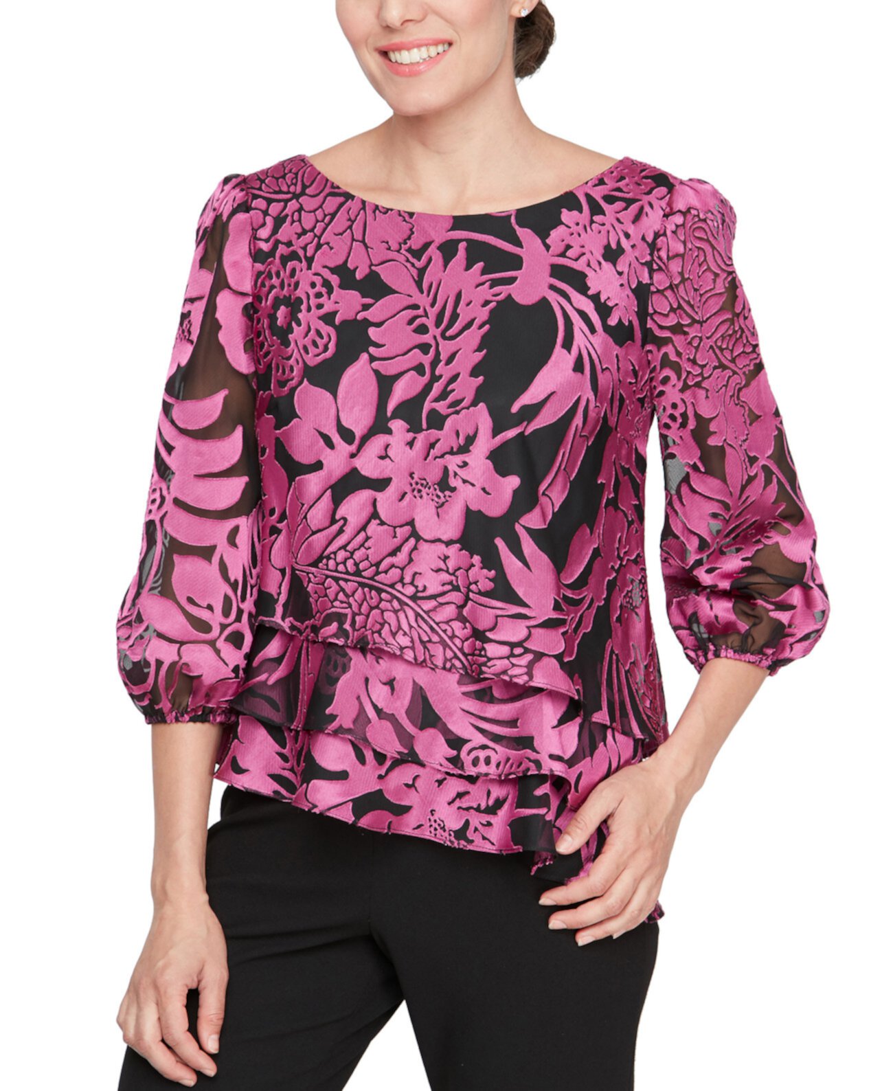 Women's Printed Tiered Asymmetrical Blouse Alex Evenings