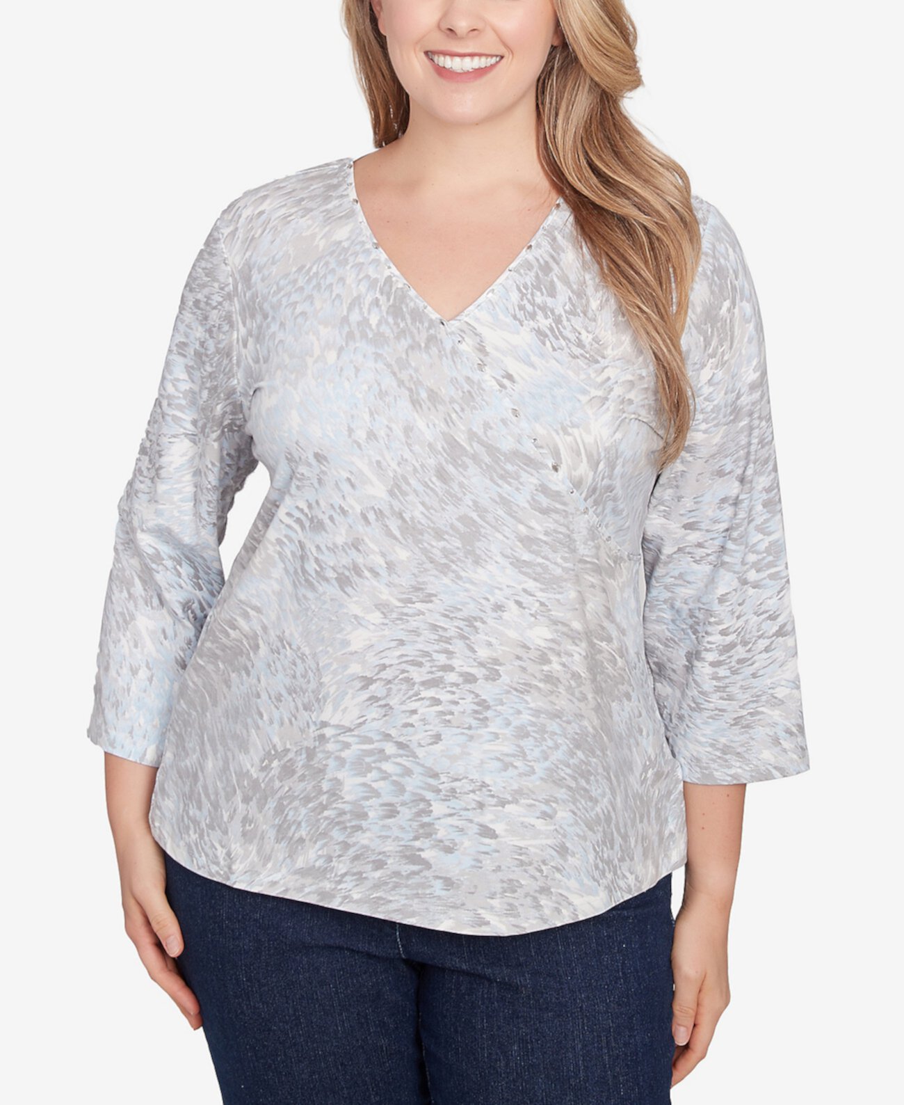 Женская Блузка HEARTS OF PALM Plus Size Blue My Mind Embellished V-Neck HEARTS OF PALM