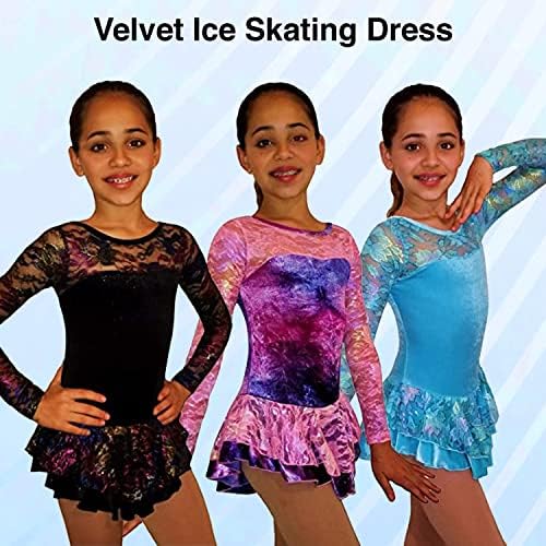 Платье для фигурного катания Ice Fire Velvet, длинные рукава, растягивающийся велюр, радужные кружевные детали Ice Fire