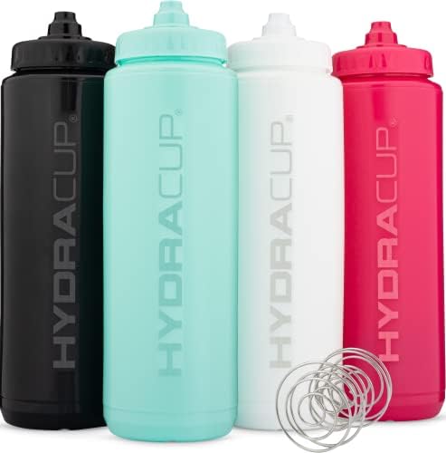 Hydra Cup Sport [4 Pack] 32 oz Squeeze Water Bottles, Fast Flow Sports Water Bottle with Ball Blender Whisk, Bike & Cycling Water Bottle, Travel To Go, BPA Free (Bright Colors) Hydra Cup