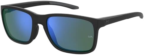 UA Hustle Rectangular Sunglasses, Shiny Black Frame w/Tuned Blue-Green Lenses Under Armour