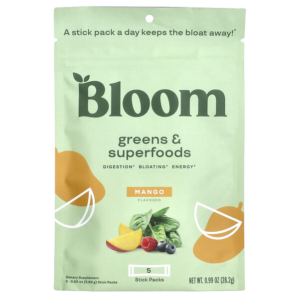 Greens & Superfoods, Mango, 5 Stick Packs, 0.2 oz (Унции) (5.64 g) Each Bloom