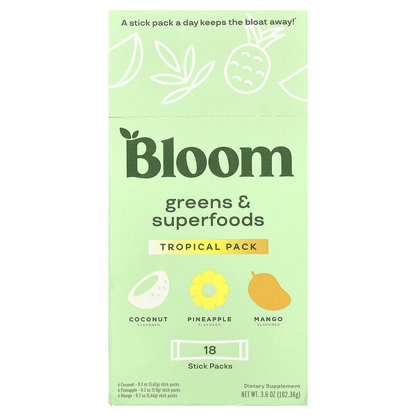 Greens & Superfoods, Tropical Pack, 18 Stick Packs, 3.6 oz (Унции) (102.36 g) Bloom