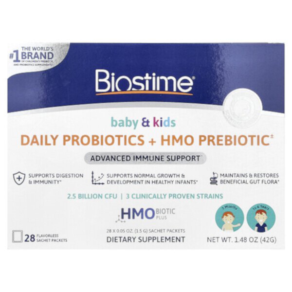 Baby & Kids, Daily Probiotics + HMO Prebiotic, 3 Months to 6 Years, Flavorless, 28 Sachet Packets (Пакеты ), 0.05 oz (Унции) (1.5 g) Each Biostime