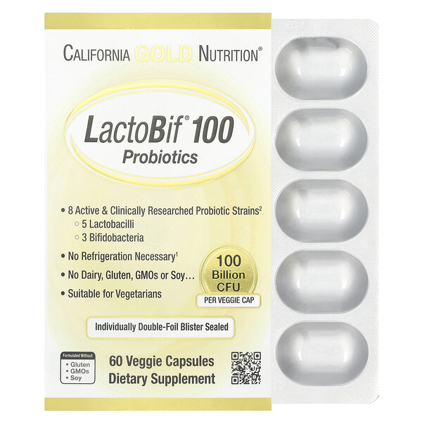 LactoBif®, 100 Billion CFU, 60 Veggie Capsules (Капсулы на растительной основе) California Gold Nutrition