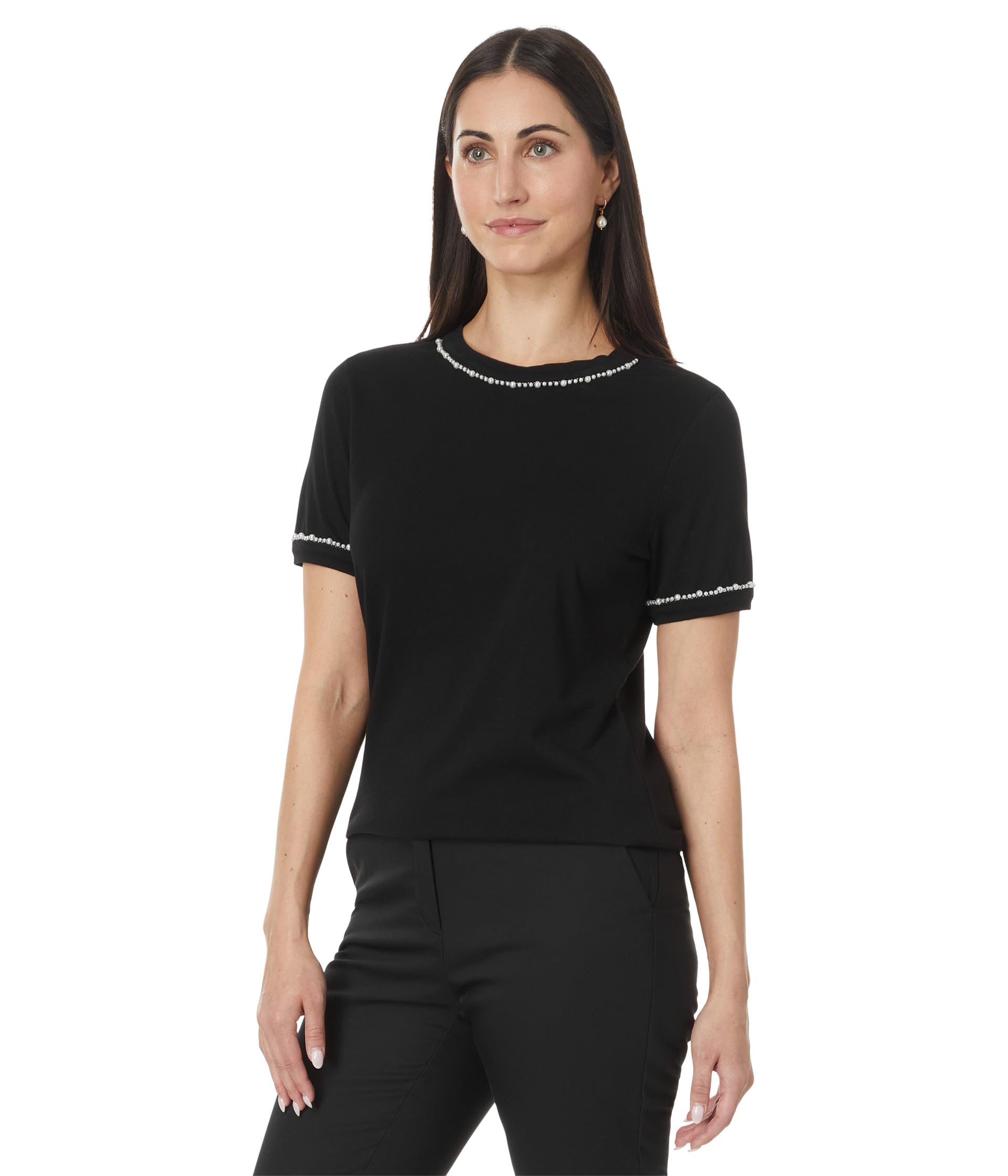 Boxy Tee Crew Neck Top W/ Pearl Trim CeCe