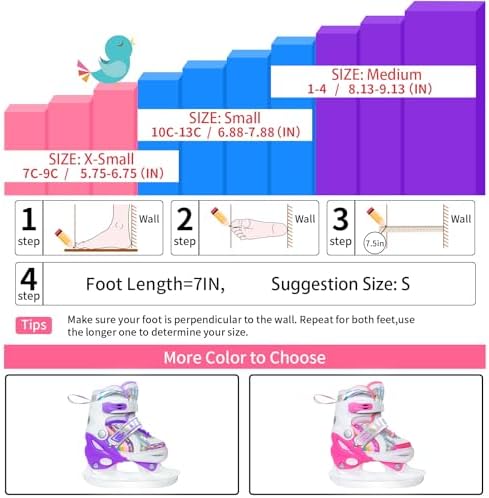 Nattork Girls Ice Skates for Kids 4 Size Adjustable Rainbow Ice Skate with Fleece Lining for Outdoor & Rink Nattork