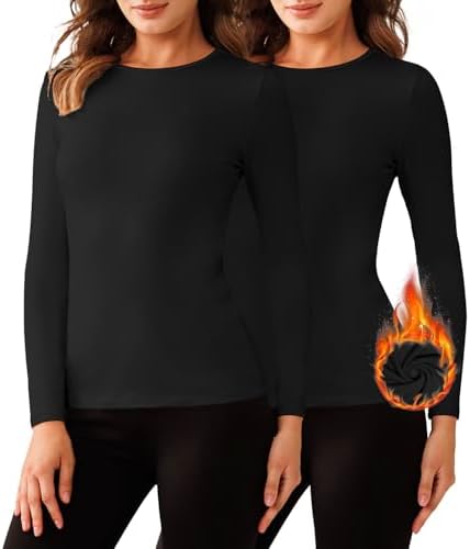 Bonneuitbebe Women's 2 Pack Long Sleeve Thermal Shirts Soft Crewneck Undershirt Tops Lightweight Base Layer Cold Weather Bonneuitbebe