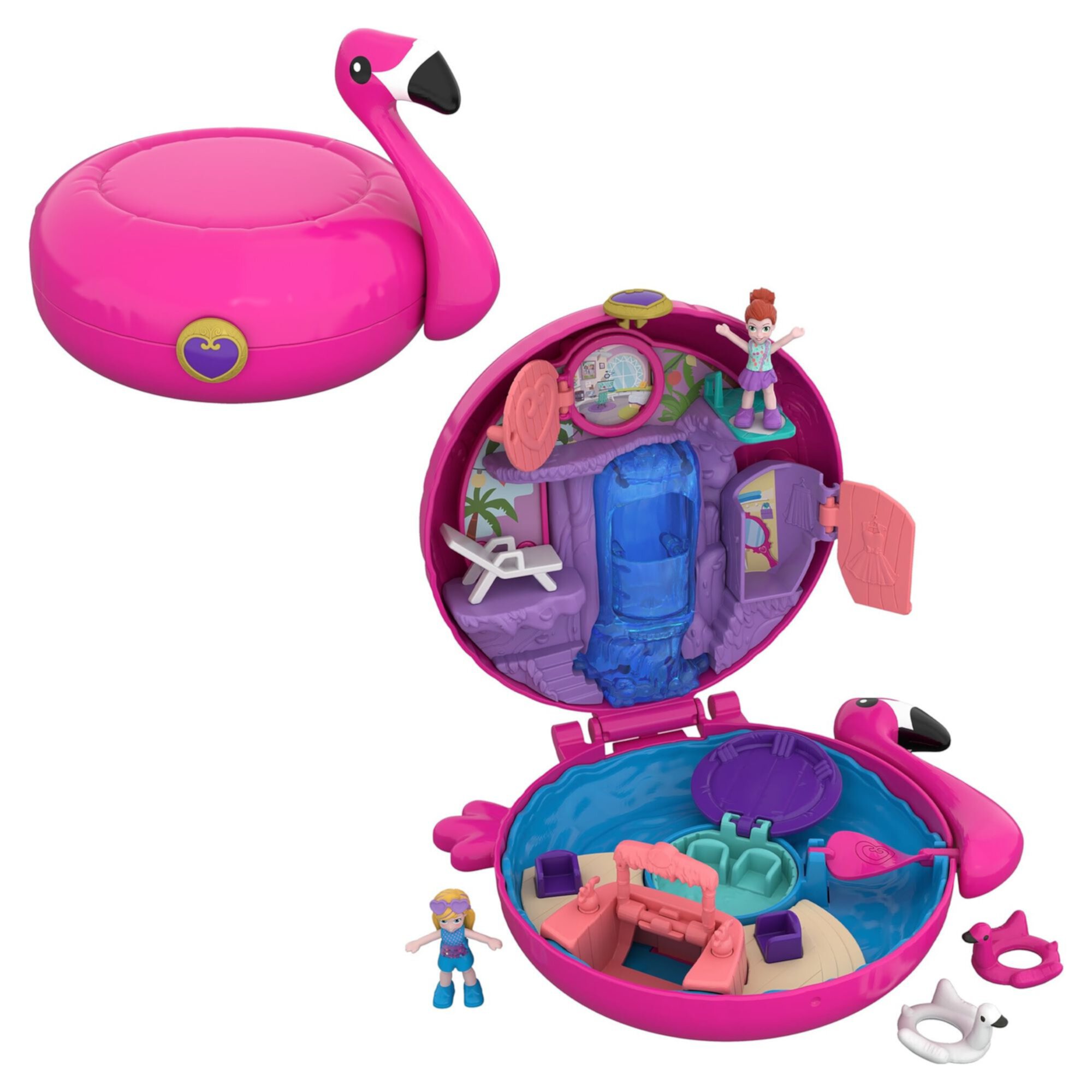 Polly Pocket Mini Toys, Compact Playset and 2 Dolls, Flamingo Floatie Polly Pocket