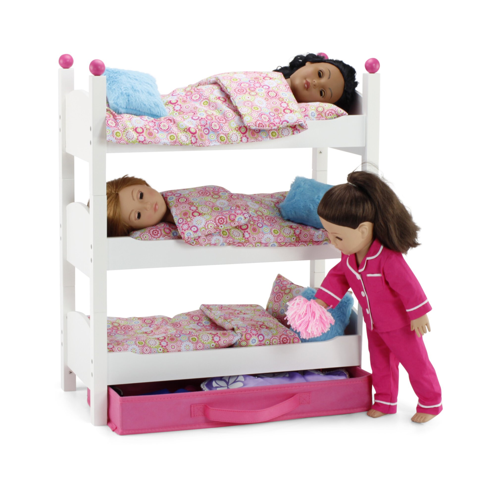 Emily Rose 18 Inch Doll Clothes Bunk - 18" Doll Stackable Triple Bunkbed Gift Set  | 18" Doll Bed with Doll Clothing Storage Drawer and 3 - 4 PC Doll Bedding Accessory Sets | Fits American Girl Dolls Emily Rose