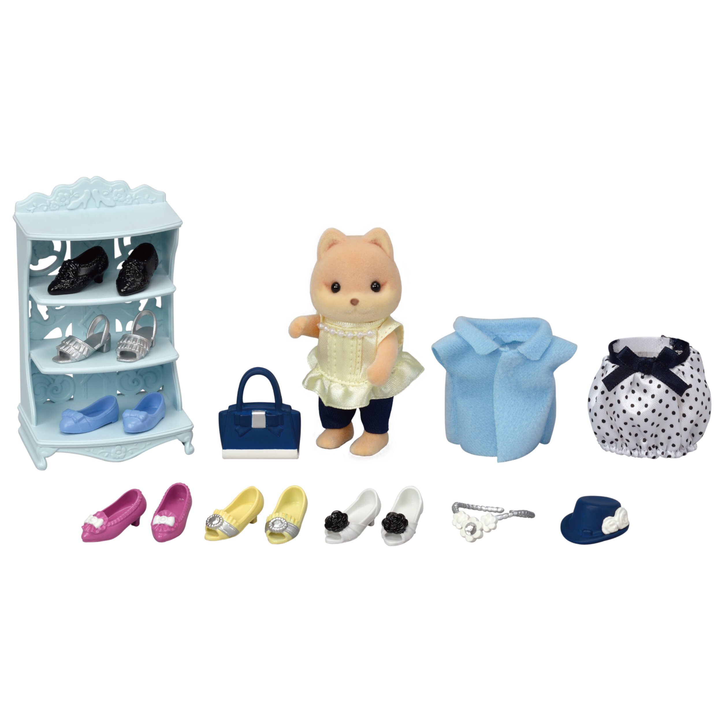 Calico Critters Fashion Playset Shoe Shop Collection, Dollhouse Playset with Caramel Dog Figure and Fashion Accessories Calico Critters