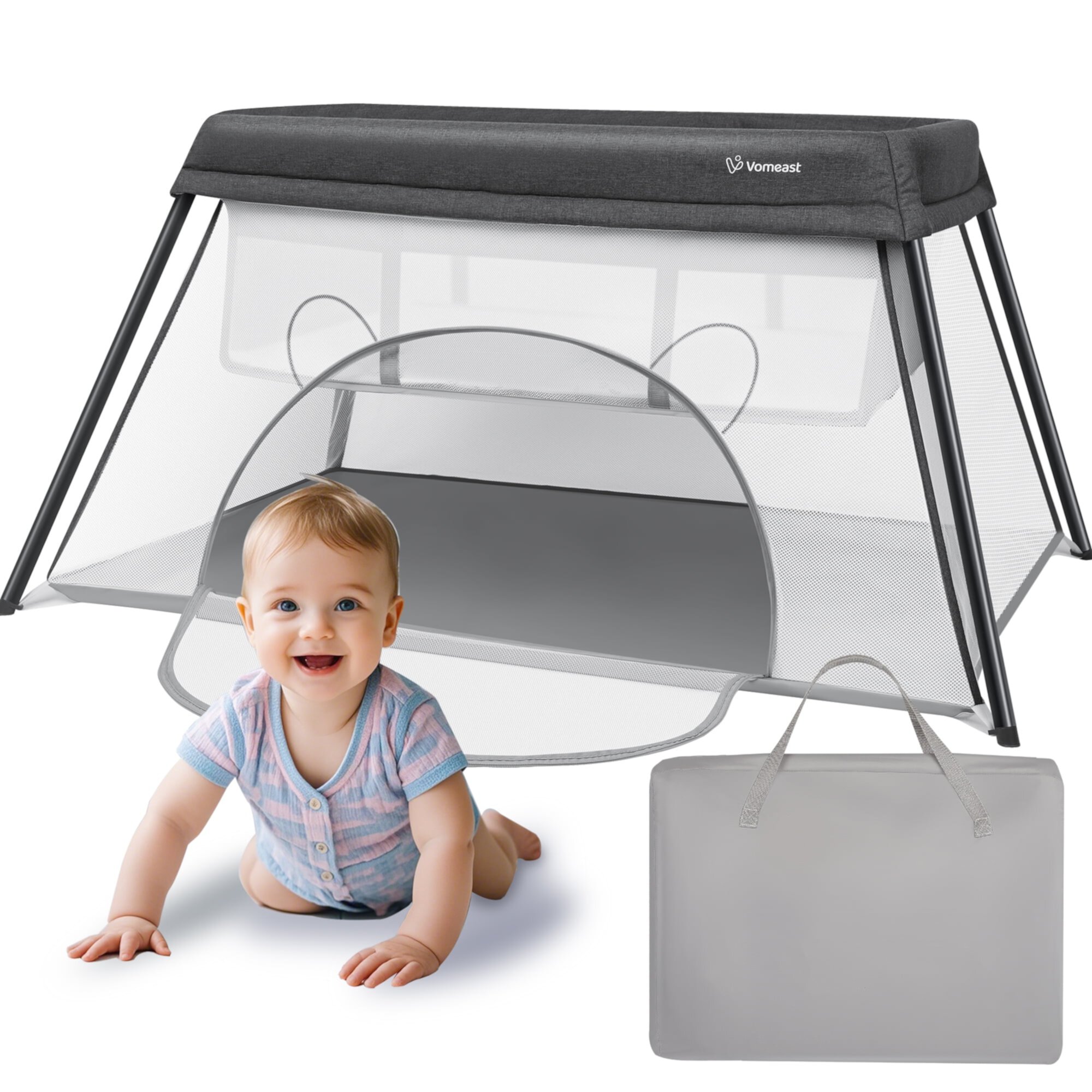 Vomeast Travel Crib, Baby Portable Crib, Travel Playard 2 Layer with Mattress Foldable Lightweight, Gray Vomeast