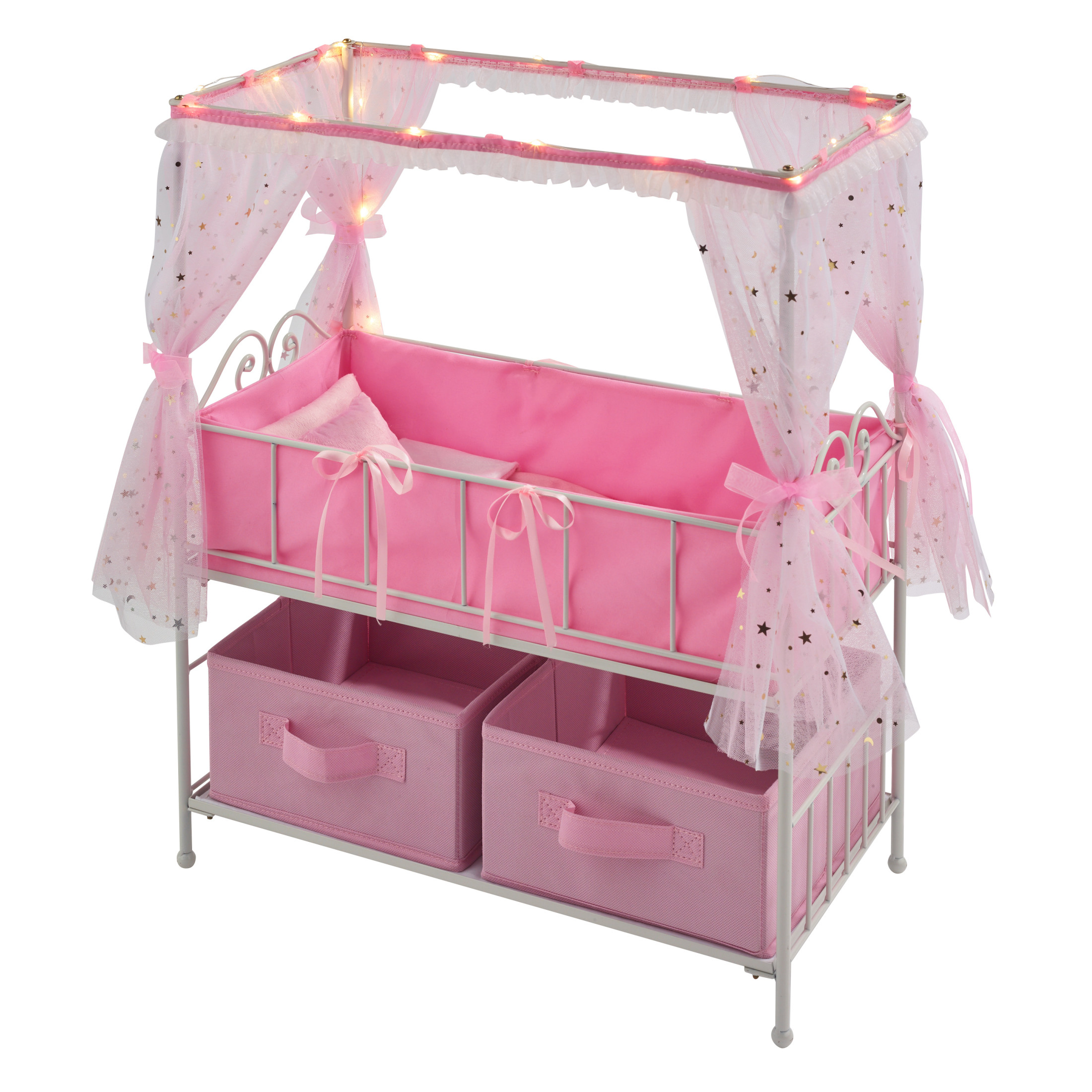 Starlights Metal Doll Crib with Canopy, Bedding, Storage and LED Lights - Pink/White/Stars Badger Basket