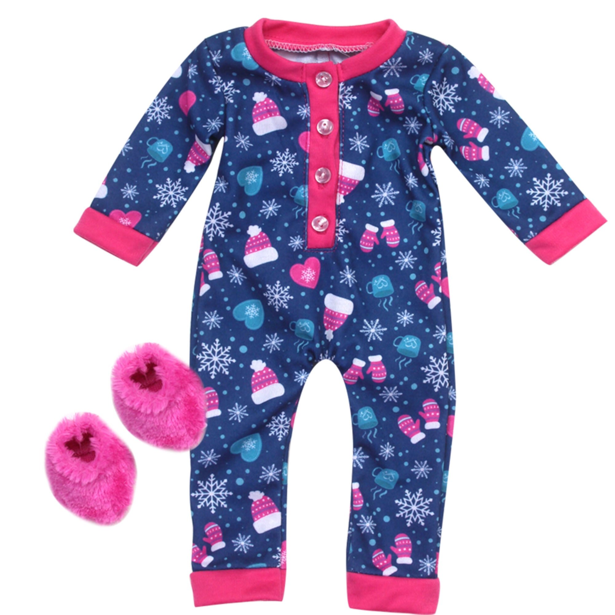 Sophia's One-Piece Winter Print Pajamas and Fluffy Slippers for 14.5" Dolls, Blue/Hot Pink Sophia's