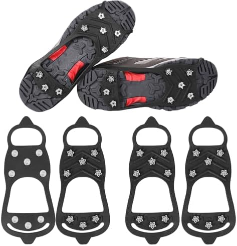 2 Pairs Ice Shoes Grippers, Ice Cleats Non Slip Gripper with 8 Steel Studs Traction Cleats Grips for Boots Shoes Climbing Mountaineering Hiking Walking on Ice Snow (L Size) BOXOB