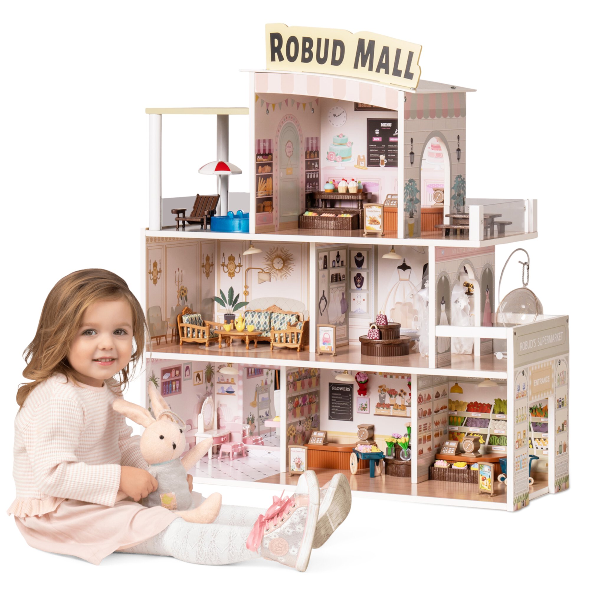 Robud Wooden Dollhouse Shopping Mall 28" w/ Light & Music,50+ Accessories Toy Gift for Girl 3+ ROBUD