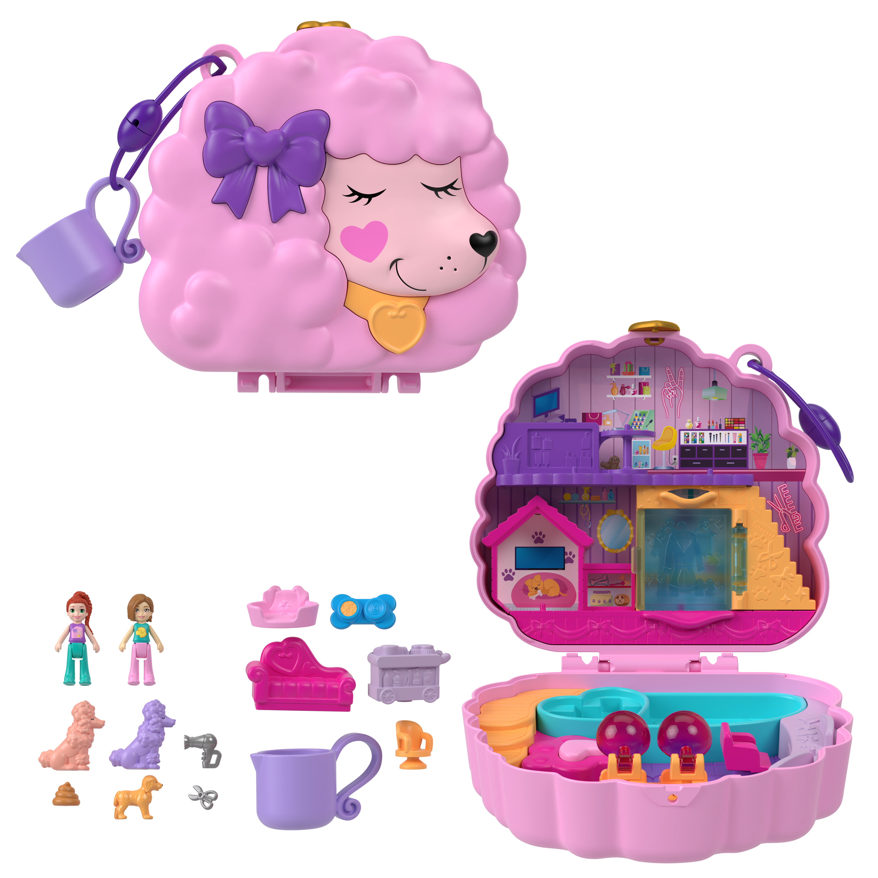 Polly Pocket Groom & Glam Poodle Compact Playset with 2 Micro Dolls, 12 Accessories & 5 Features Polly Pocket