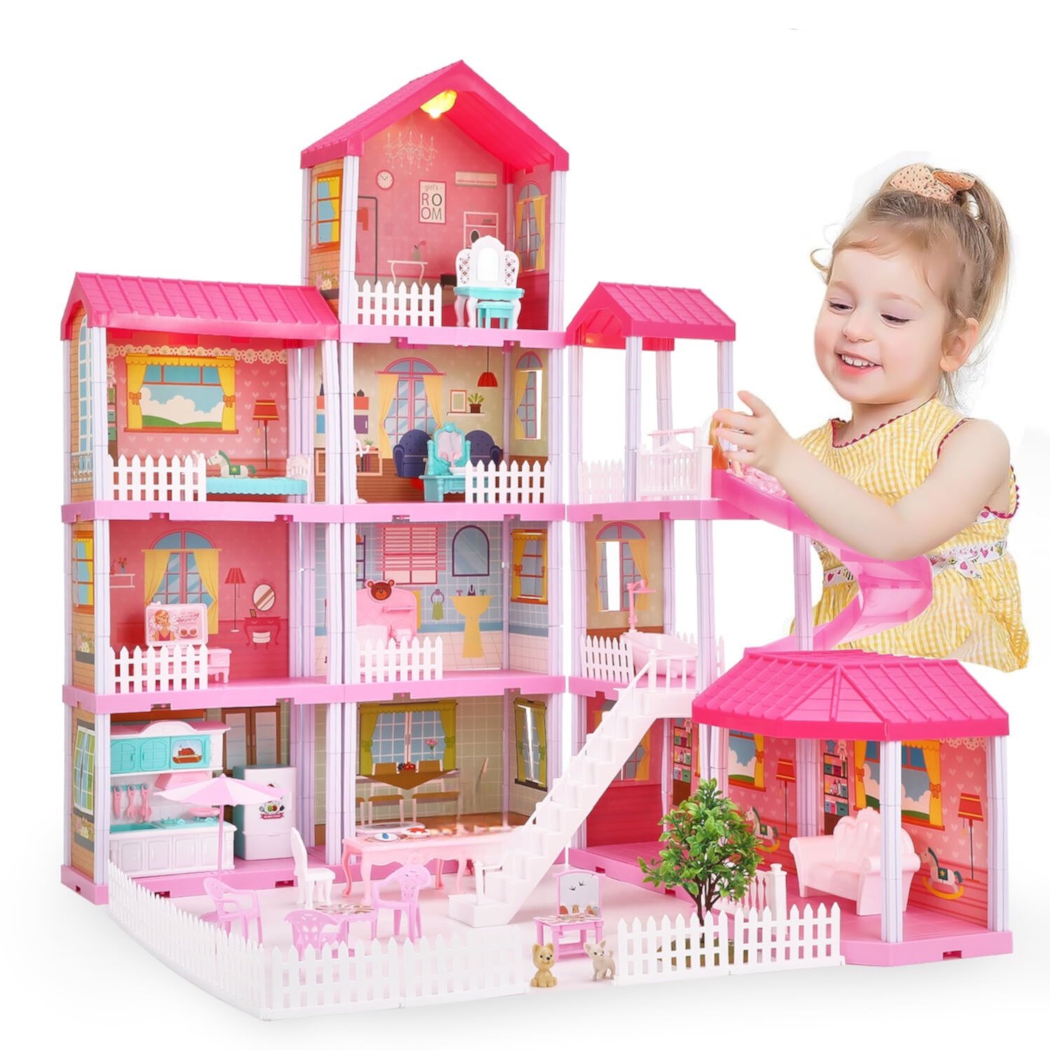 Zacro Huge Dollhouse for Girls, 4 Story 11 Rooms Doll House with LED Light, 2 Dolls, Furnitures & Accessories, Pretend Play House for Girls Gift Toys Ages 3 & Up - Plastic Wall Zacro