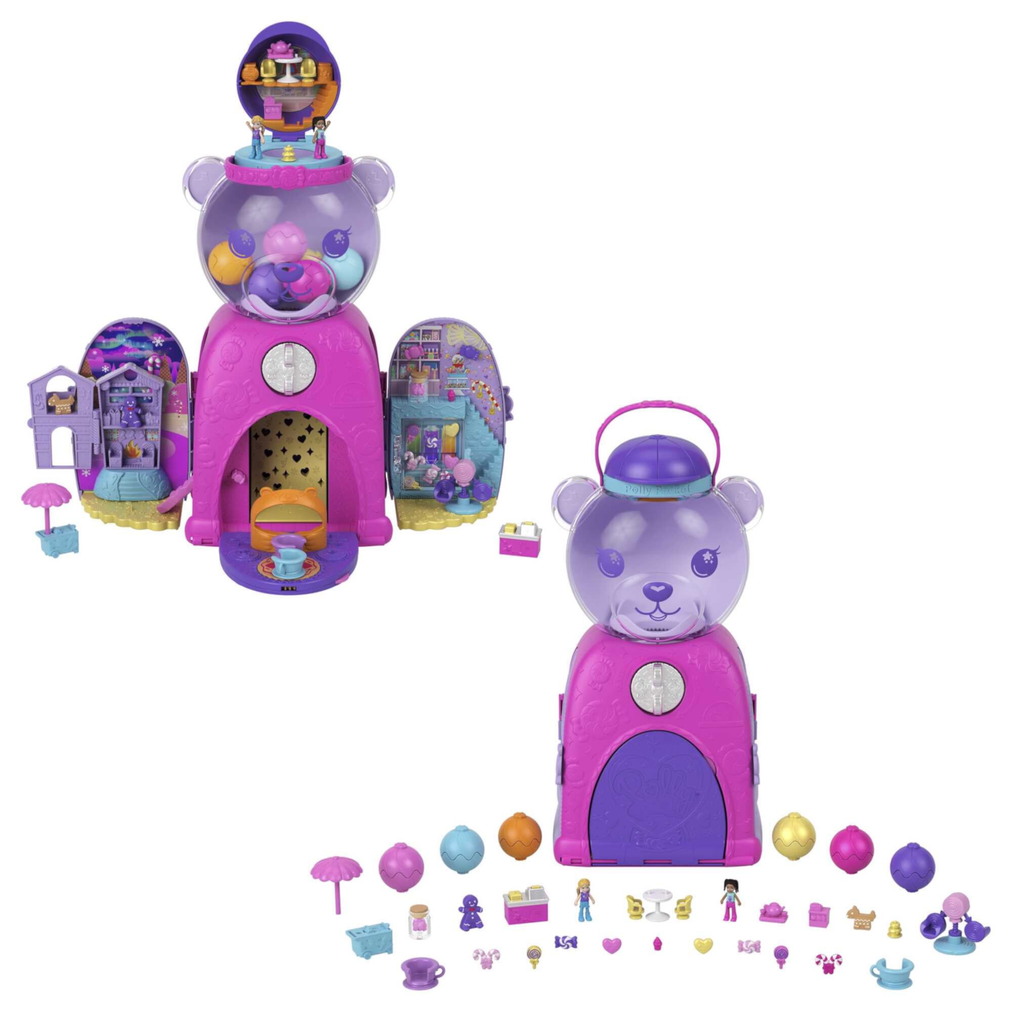 Polly Pocket Gumball Bear Playset, Travel Toy with 2 Micro Dolls and 26 Surprise Accessories Polly Pocket